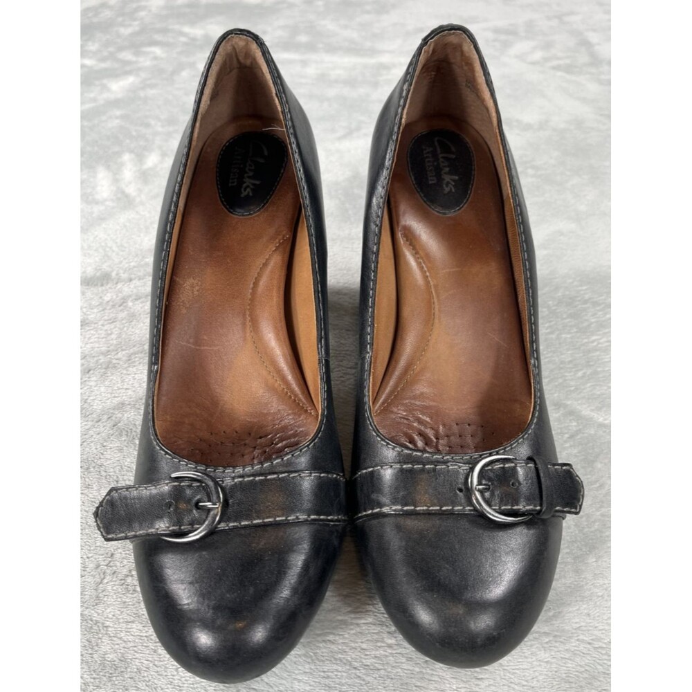 Clarks Artisan Society Black Leather Heels Buckle Accent Pumps Womens 9.5M